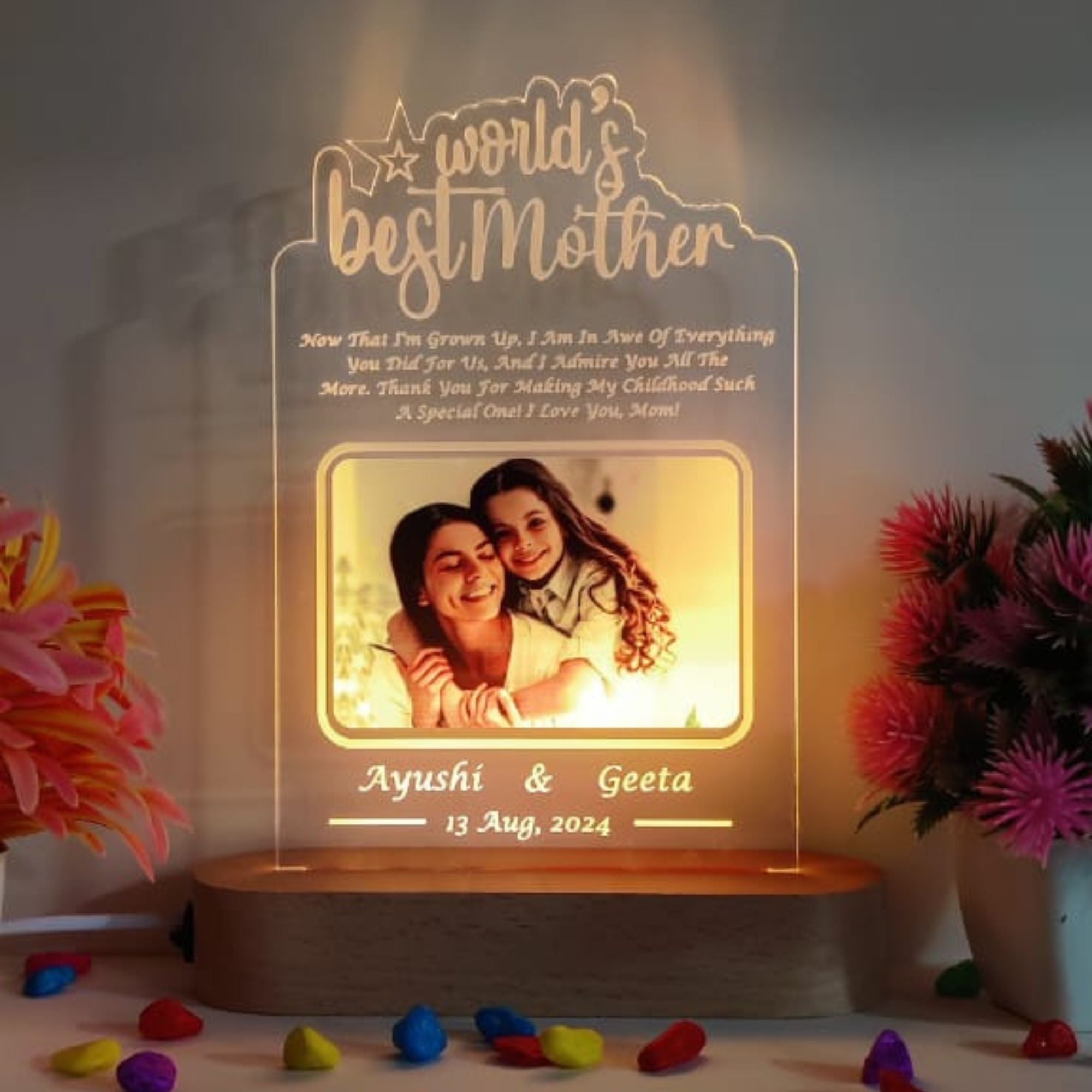 SHAYONA World Best Mother Personalized 3D Illusion LED Table Night Lamp Name Date and UV Print Photo Frame | Gift for Anniversary,Mother Day, Birthday- Multicolor with Remote