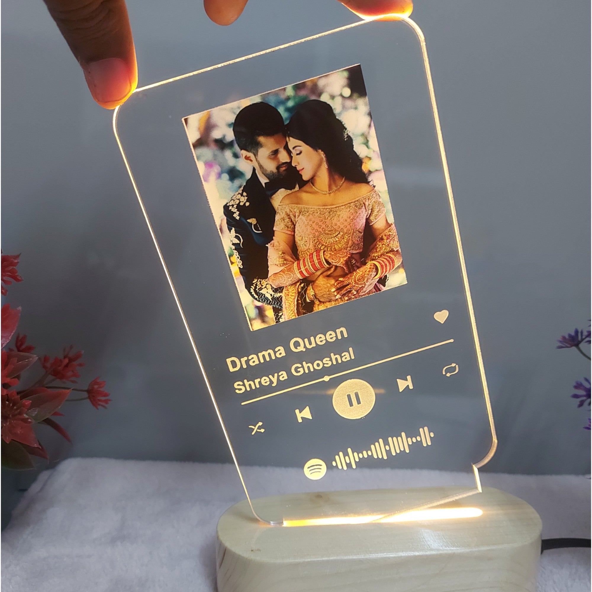 SHAYONA Acrylic Customized Photo and song Glass Spotify Plaque with wooden LED Light stand ,valentine day