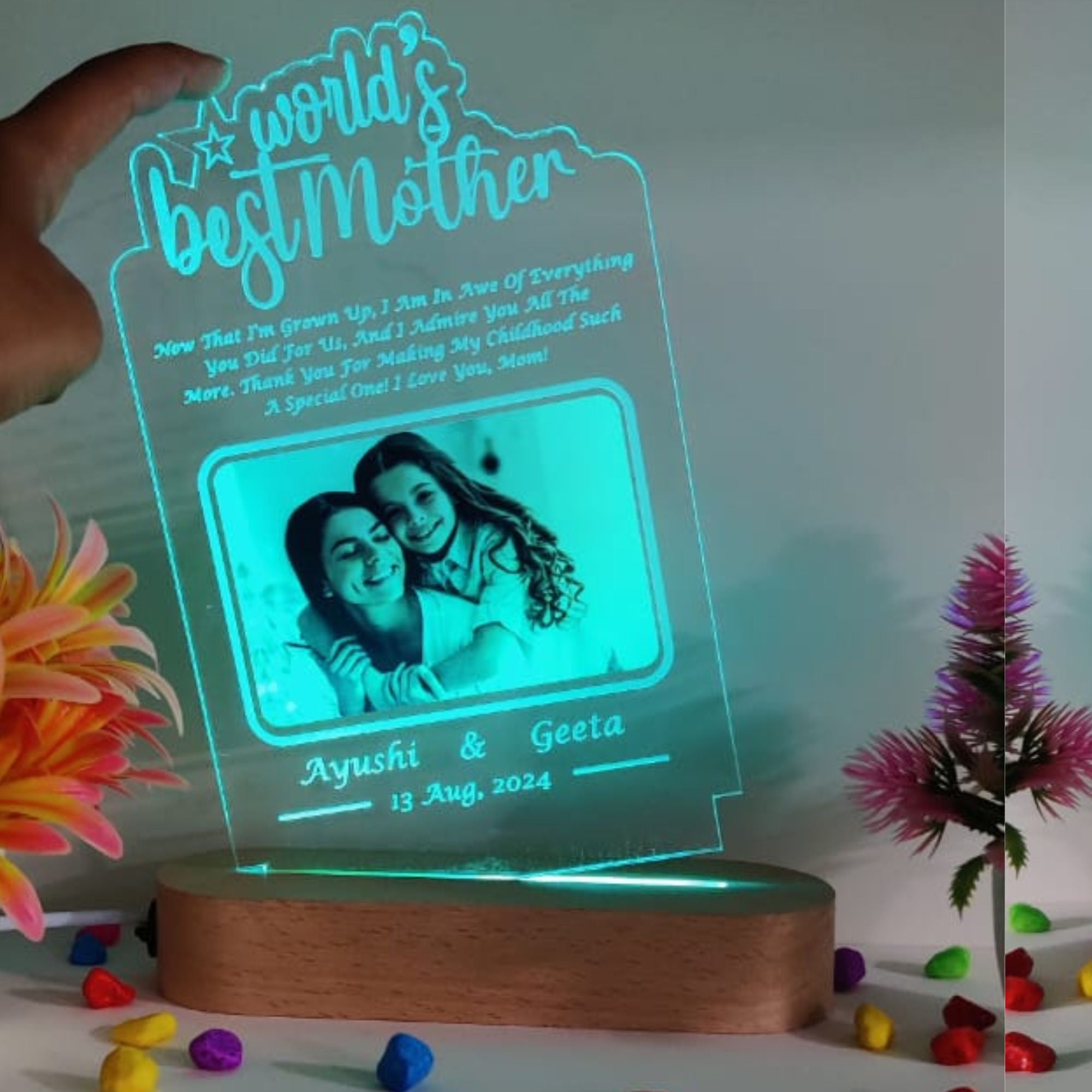 SHAYONA World Best Mother Personalized 3D Illusion LED Table Night Lamp Name Date and UV Print Photo Frame | Gift for Anniversary,Mother Day, Birthday- Multicolor with Remote