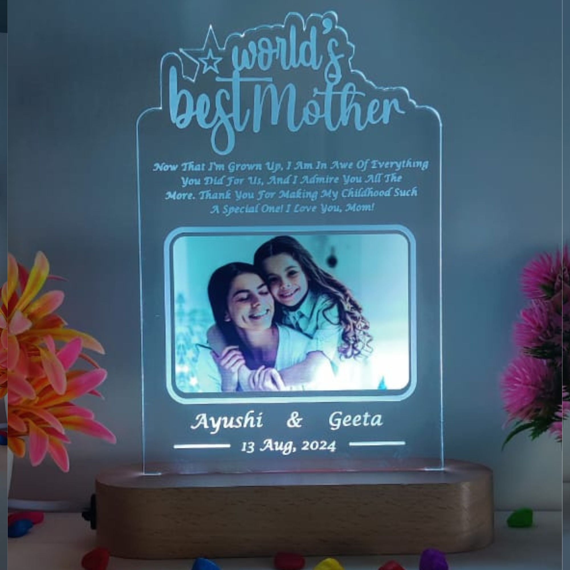SHAYONA World Best Mother Personalized 3D Illusion LED Table Night Lamp Name Date and UV Print Photo Frame | Gift for Anniversary,Mother Day, Birthday- Multicolor with Remote