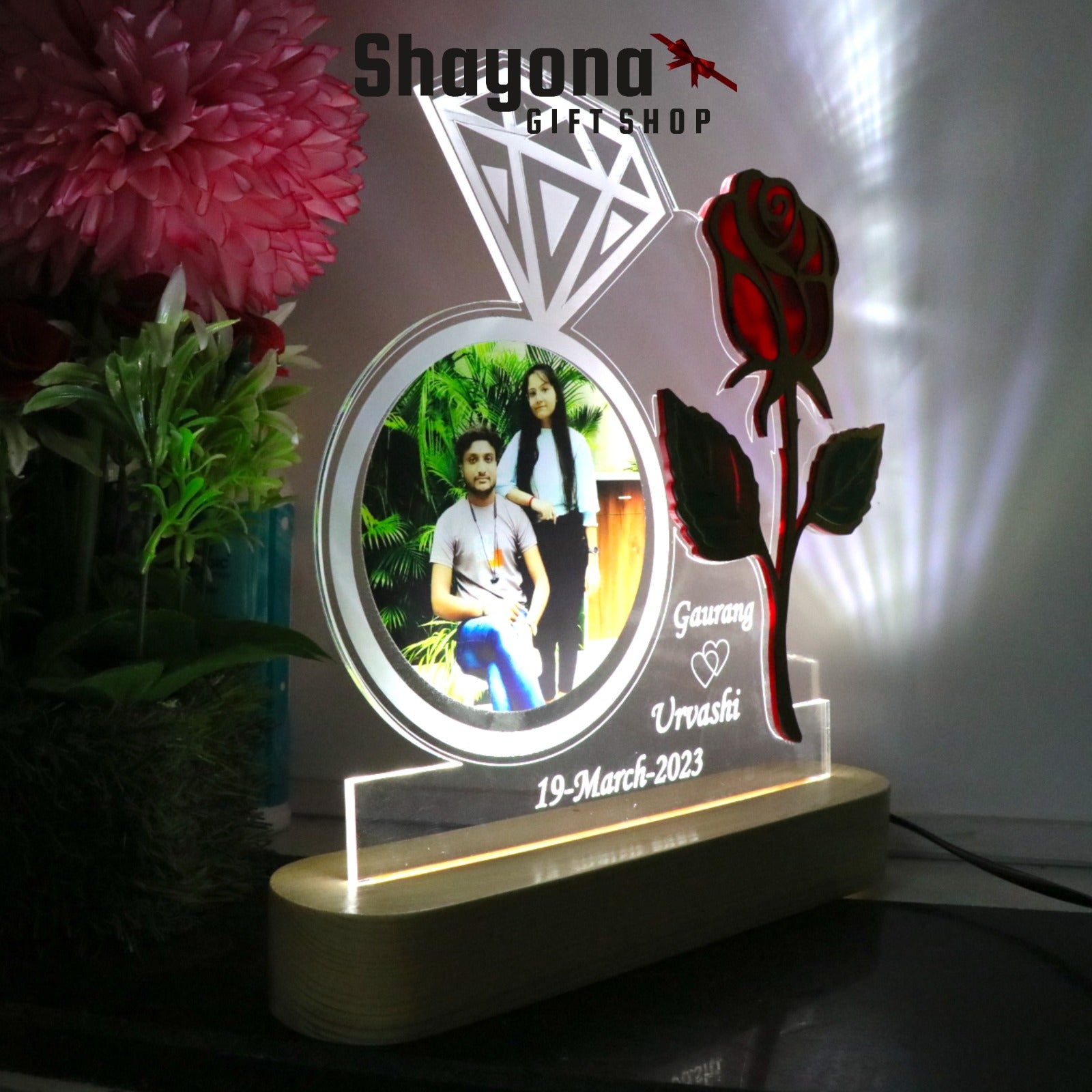 Shayona  Personalized 3D illusion Engagement( Ring Ceremony ) LED Table Lamp, valentine day