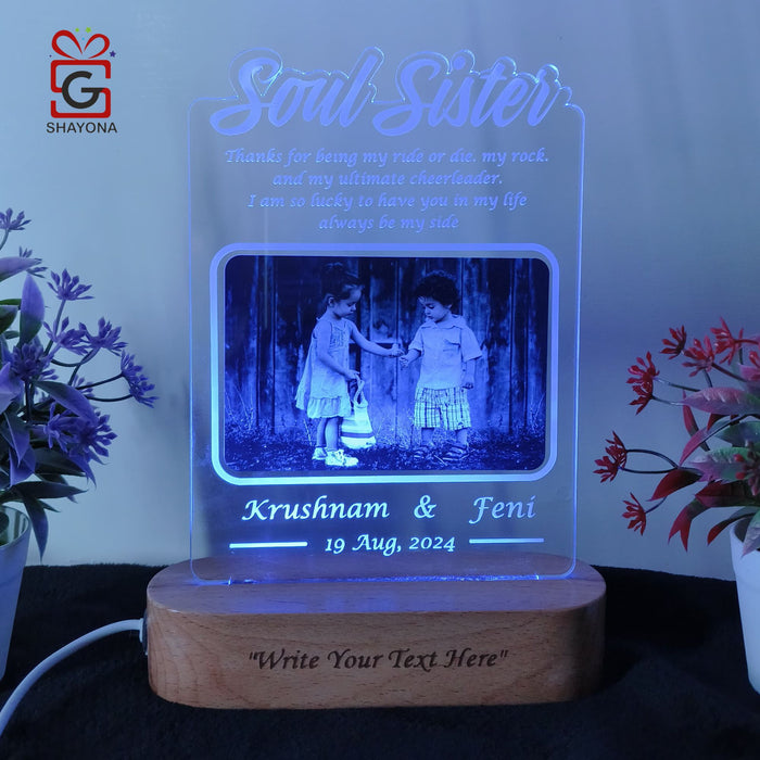 Shayona Soul Sister Personalized 3D Illusion Led Photo Lamp Multicolor with Remote Control Gift for Sister on Rakshabandhan, Rakhi, Birthday, Sisters day and many other special occasions (28*18 CM) (Dear Sister)