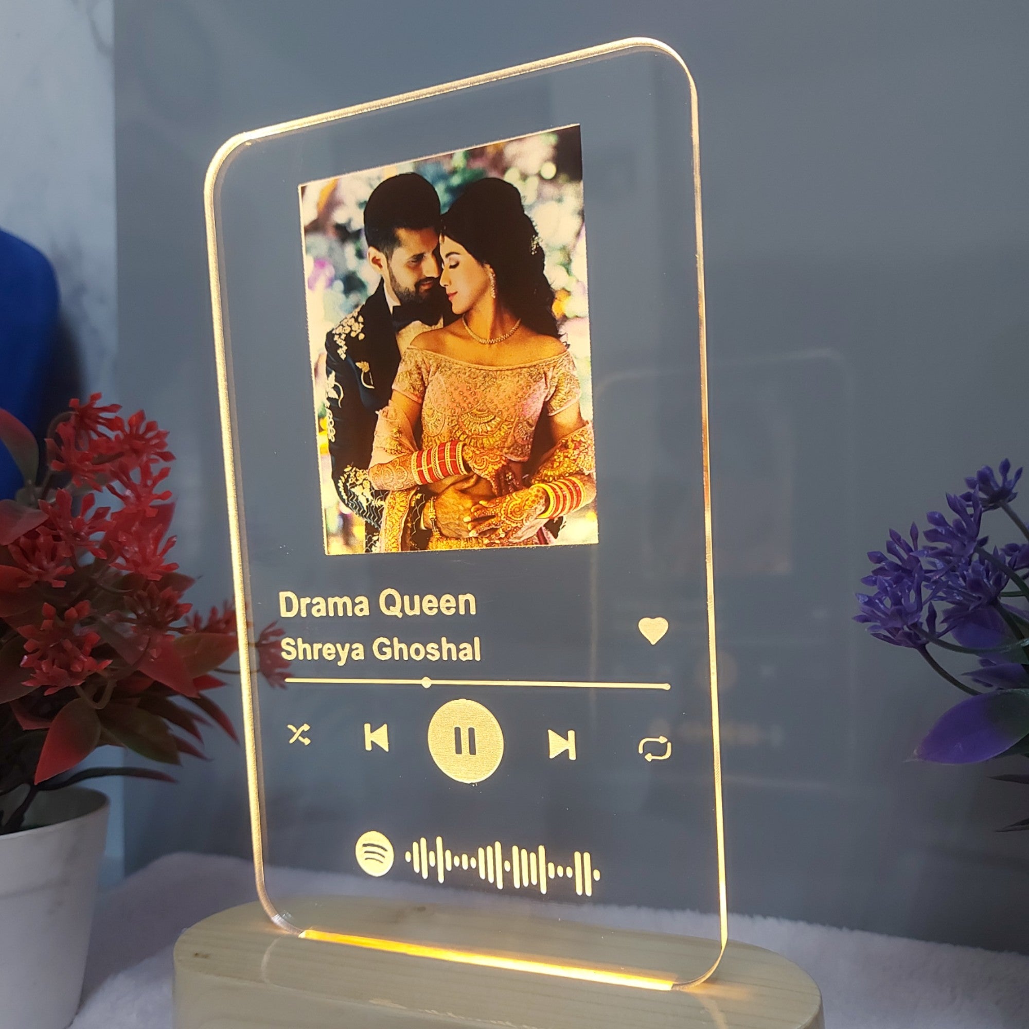 SHAYONA Acrylic Customized Photo and song Glass Spotify Plaque with wooden LED Light stand ,valentine day