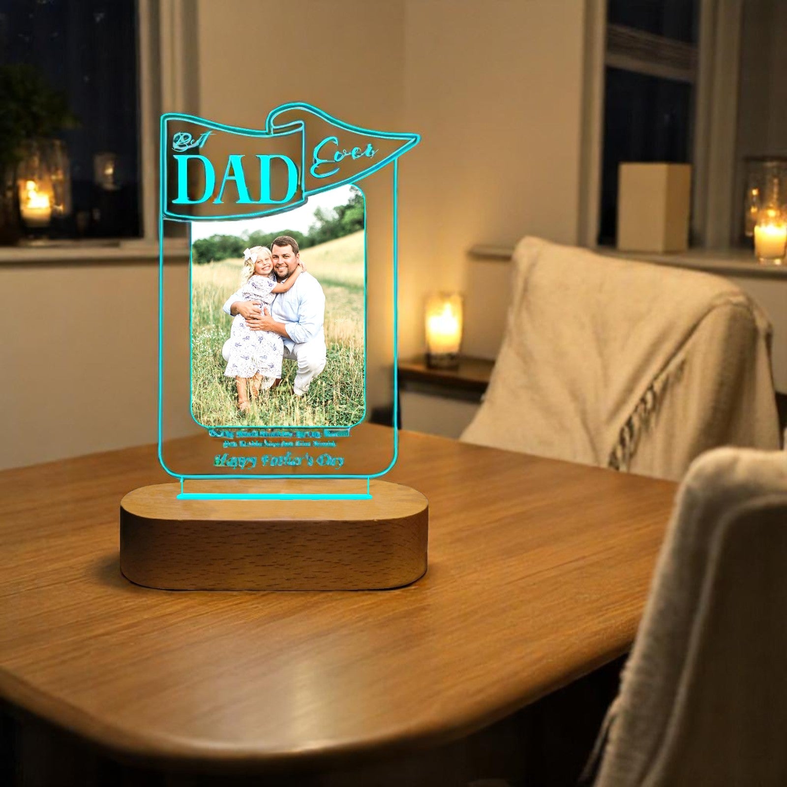 Best Dad Ever – Personalized LED Acrylic Lamp with Photo | Wooden Base | Father’s Day/Birthday Gift for Dad