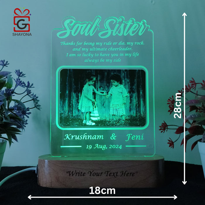 Shayona Soul Sister Personalized 3D Illusion Led Photo Lamp Multicolor with Remote Control Gift for Sister on Rakshabandhan, Rakhi, Birthday, Sisters day and many other special occasions (28*18 CM) (Dear Sister)