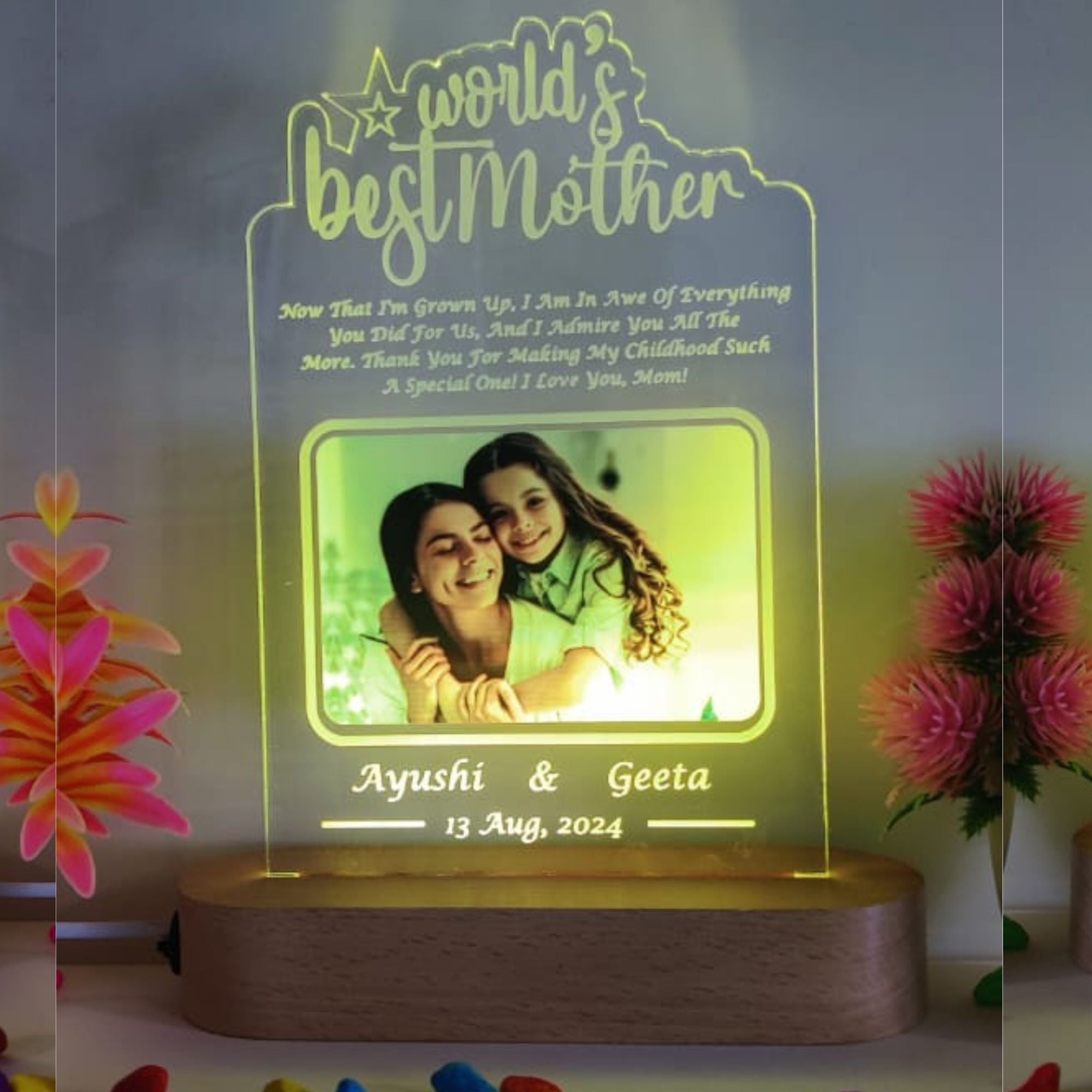 SHAYONA World Best Mother Personalized 3D Illusion LED Table Night Lamp Name Date and UV Print Photo Frame | Gift for Anniversary,Mother Day, Birthday- Multicolor with Remote