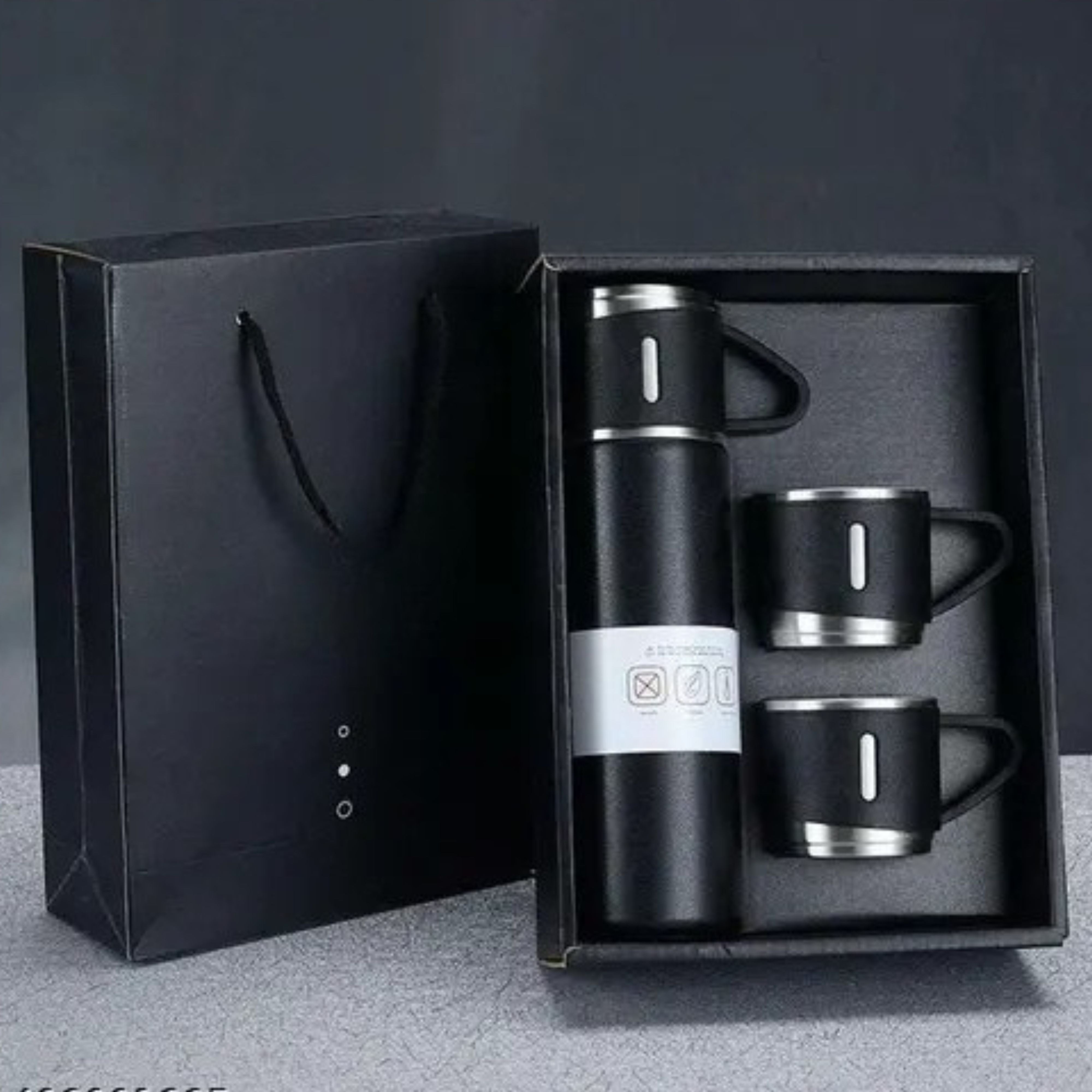 Shayona Stainless Steel Black Vacuum Flask With 2 Cups Gift Set, For Office